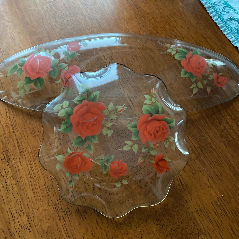 Floral Glass Vintage Serving Platter and Plate Set